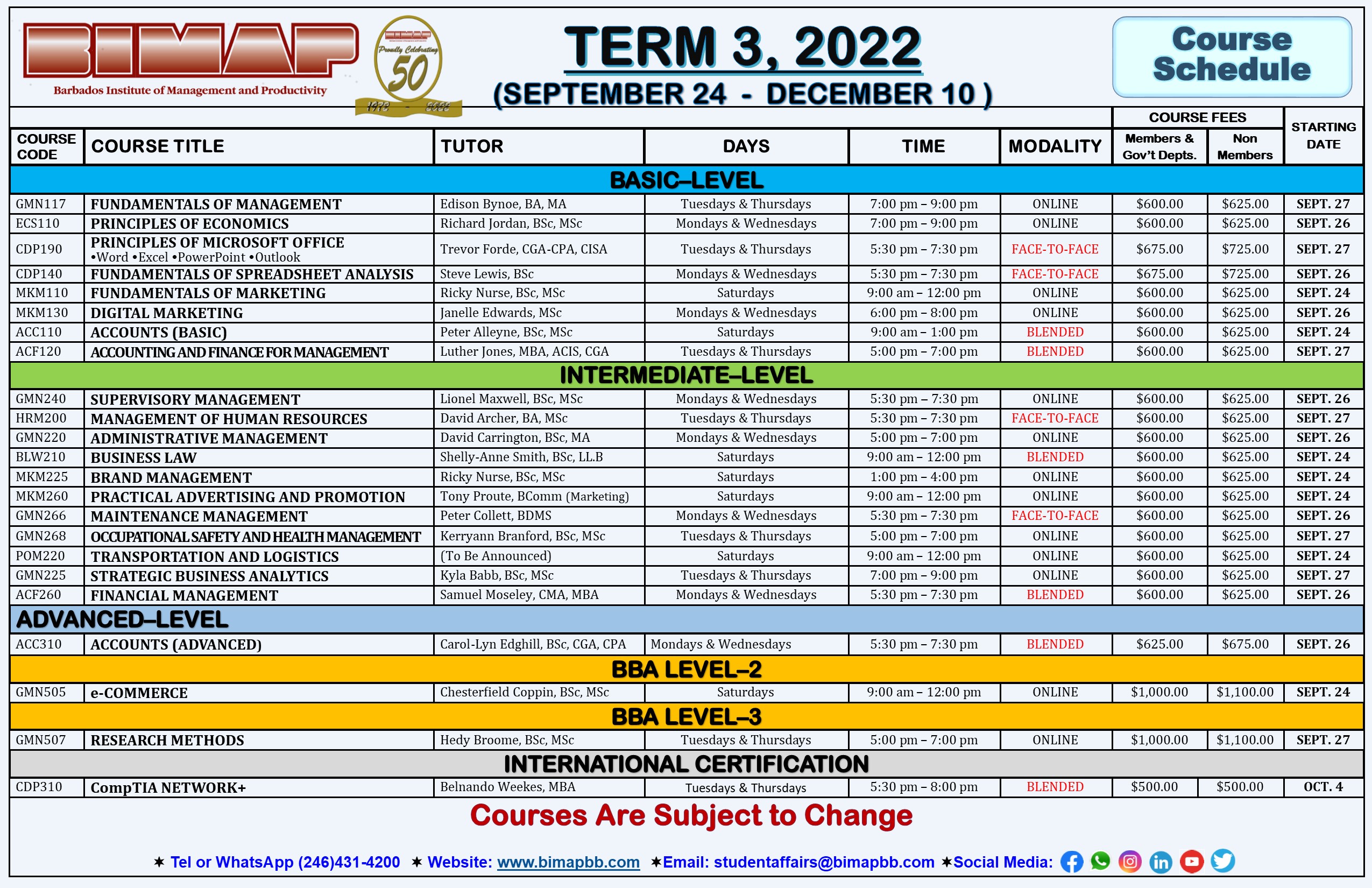 BIMAP: Course Schedule - Term 3, 2022